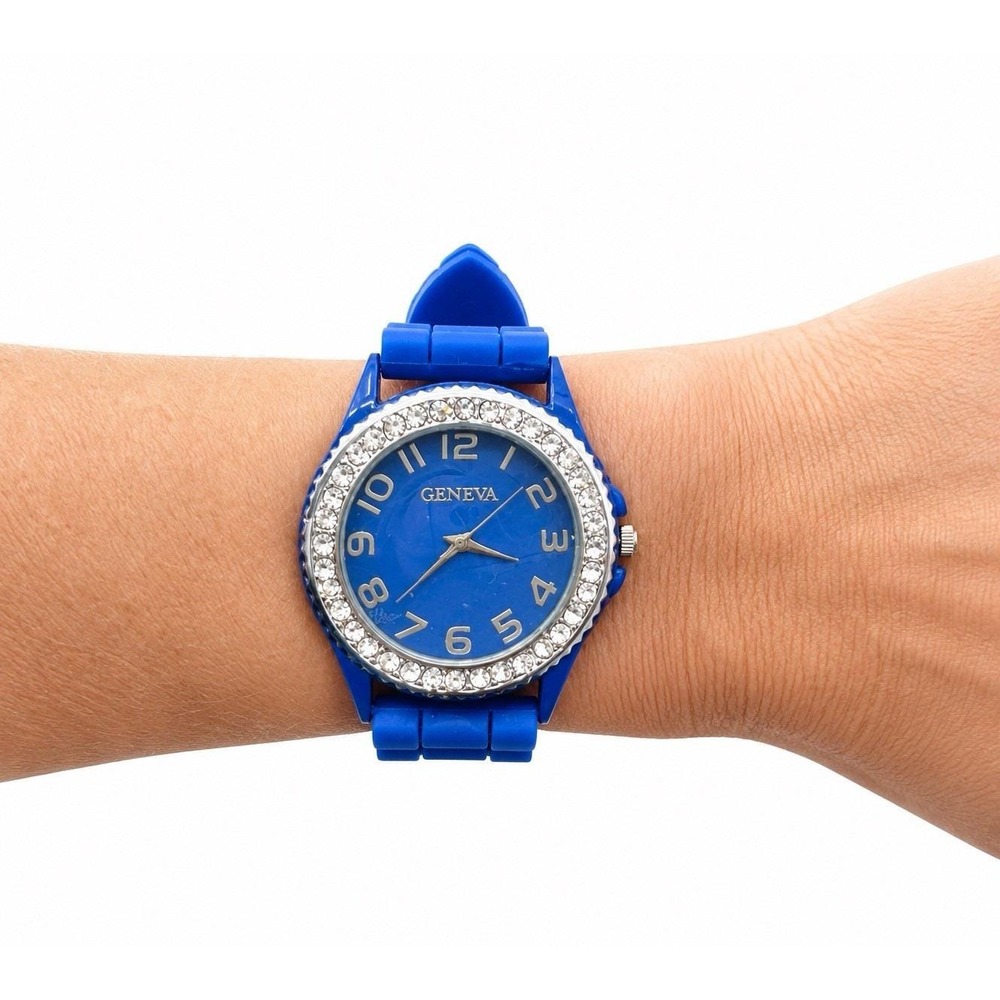 Vintage Geneva Womens Jelly Watch Bright Blue Rhinestone Bezel Y2K New Battery!